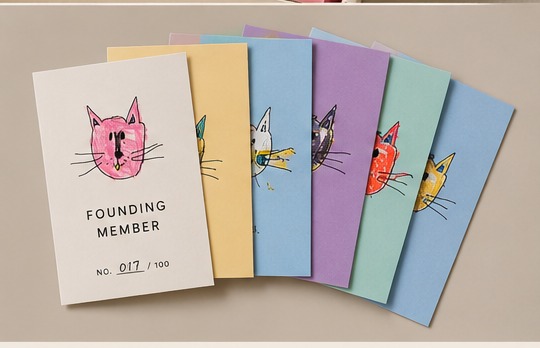 Fanned numbered Founding Member cards, each with one of Mila's cats