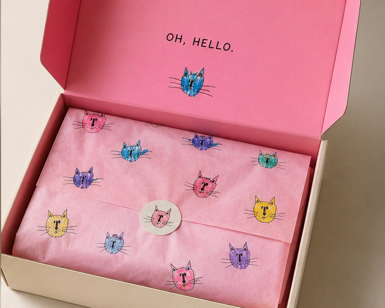The Founding Member box opened — ivory outside, bright pink inside with Mila's original cats
